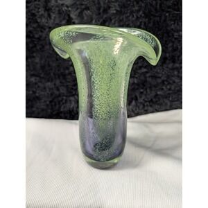 Vintage Teleflora Art Glass Vase Purple Green Speckled Flared Ruffle Rim 8 Inch